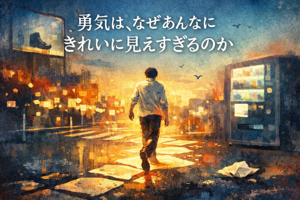 勇気はなぜいつも美談として語られるのか。恐怖、躊躇、みっともなさが先に編集されてしまう仕組みを、話しかけるような文体と脱線でほどいていくテキスト。