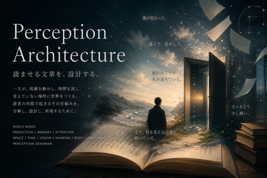 読者の視線、注意、記憶、予測を通して、読み続けたくなる文章を意図的に設計する研究プロジェクト「Perception Architecture」。文章が読者の内部で世界を発生させ、読後の見方まで変える仕組みを探ります