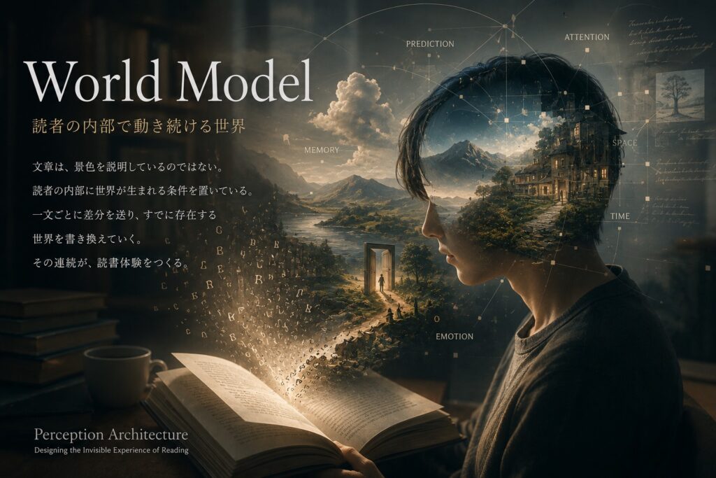 文章を読むとき、読者の内部では何が生まれ、どう変化するのか。Perception Architectureの中核概念「World Model」を通して、読ませる文章、読者心理、認知科学、文章設計の関係を考えます。
