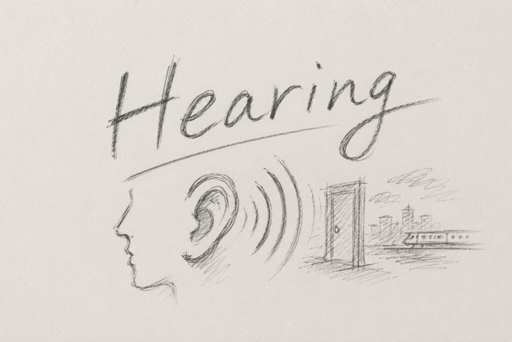 音は、見えない場所の存在を伝えます。Hearingでは、視界の外にある人物や空間を読者の中で維持し、世界を途切れさせない文章設計を考えます。