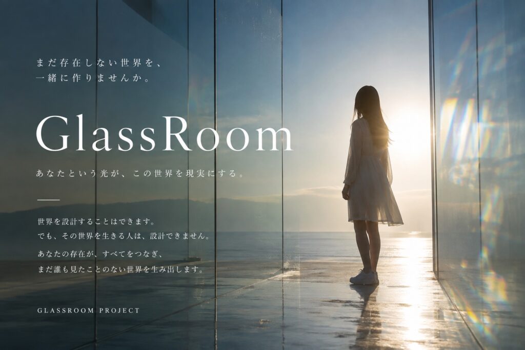 GlassRoomは、まだ存在しない世界を設計するプロジェクト。文章、写真、Web、世界観を一つにつなぎ、あなたという存在そのものの価値を最大化する。本当に自由な表現は、ここから始まる。