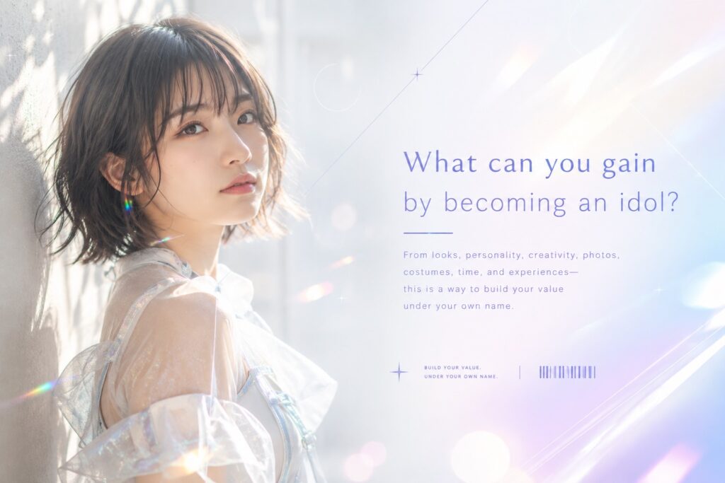 アイドルになると何が手に入るのか。ルックス、キャラクター、創作、写真、衣装、時間、経験を自分の名前へ積み上げていくという視点から、アイドル活動の価値と応募前に考えたいことを整理する。