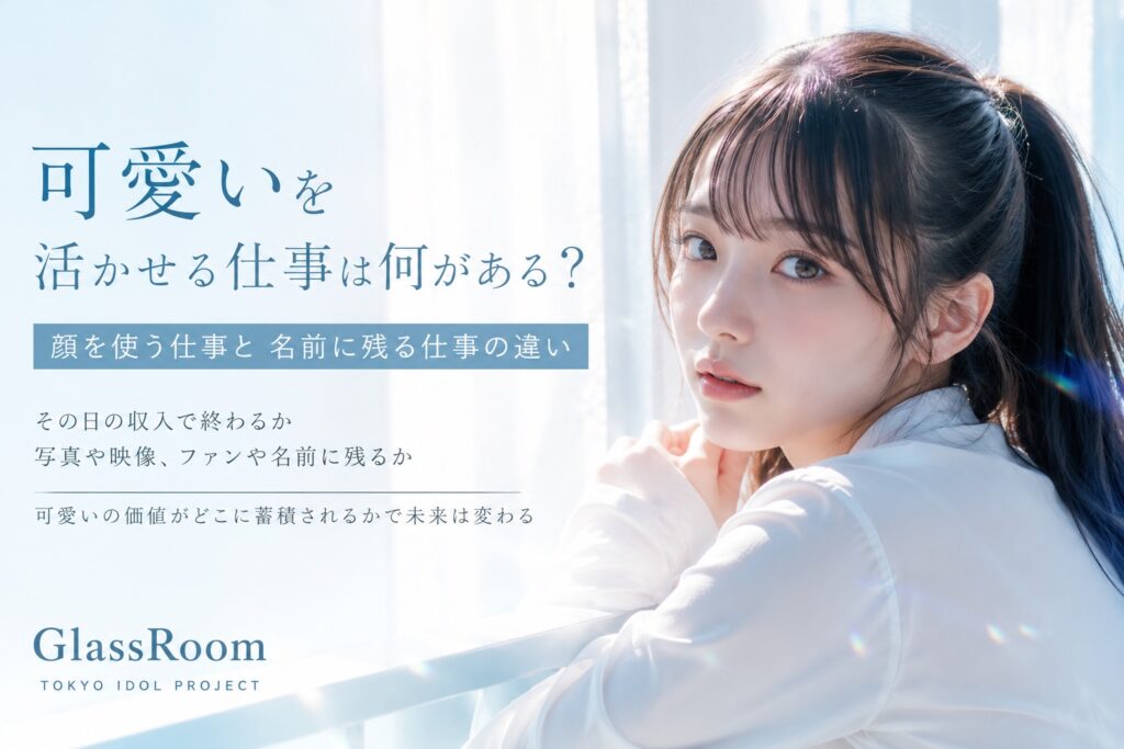 可愛いを活かせる仕事には 接客 モデル SNS 配信 アイドルなどがあります 同じ可愛いでも その日の収入で終わる仕事と 写真 映像 ファン 名前へ価値が残る仕事では性質が違います GlassRoomの考え方まで含めて深く分析します