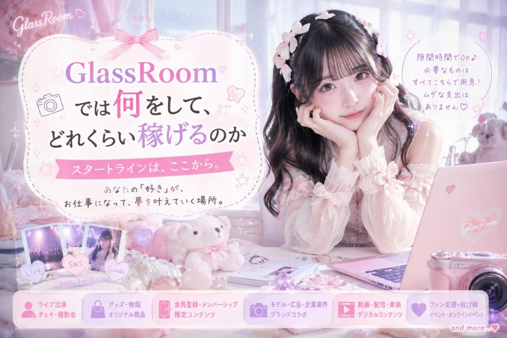 GlassRoomでは何をして、どのように報酬が生まれるのか。ライブ、撮影、チェキ、物販、外部案件まで具体的に紹介。学校や仕事を続けながら始められ、活動が広がれば収入も増えていく仕組みを説明します。