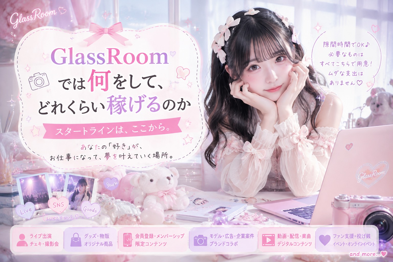 GlassRoomでは何をして、どのように報酬が生まれるのか。ライブ、撮影、チェキ、物販、外部案件まで具体的に紹介。学校や仕事を続けながら始められ、活動が広がれば収入も増えていく仕組みを説明します。