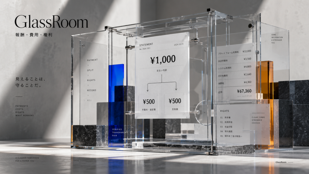 GlassRoomの報酬、チェキ売上、活動報酬、交通費、権利、退所後の扱いを公開。売上総額、本人分、運営分、控除、支払日まで本人が確認できる仕組みを設計します。