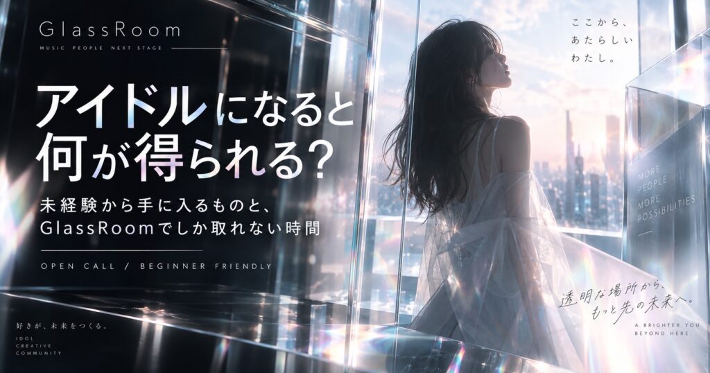 アイドルになると何が得られるのか。歌やダンスだけじゃなく、人前に立つ経験、作品、失敗からの成長、ファンとの時間まで。未経験からGlassRoomで始める意味と、初期メンバーだから持てる時間を書く。