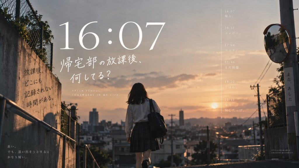 帰宅部で放課後が暇。16:07に学校を出て、気づけば夜。そんな高校生の放課後を時刻だけで追いながら、今日の数時間の使い方を少しだけ変えてみる。