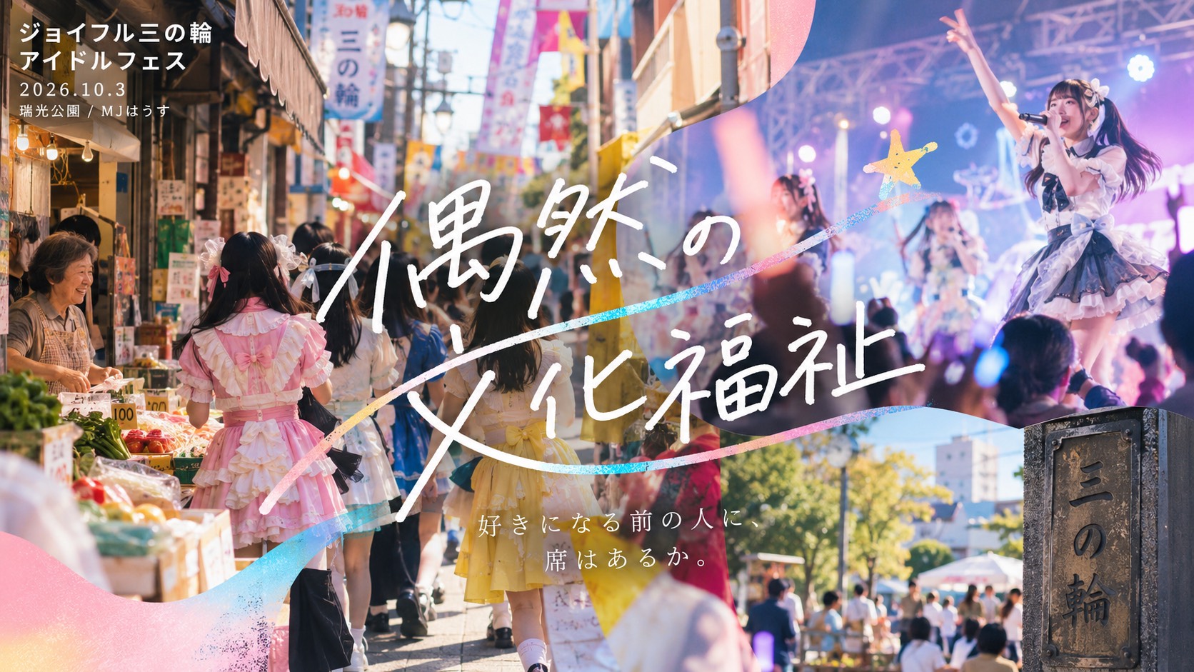 2026年10月3日のジョイフル三の輪アイドルフェスを手がかりに、商店街、アイドル、通行人、ファンが交差することで生まれた「偶然の文化福祉」を考える。まだ好きなものを知らない人に、文化との出会いはどう届くのか。