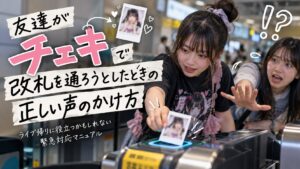 アイドル好きの友達がチェキで改札を通ろうとしたら何と声をかける?突然の事態に備えて15種類の声かけを紹介。ライブ帰りに役立つかもしれないチェキと改札の緊急対応マニュアル。