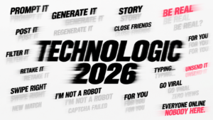 Daft Punk『Technologic』から21年。ストーリー、BeReal、生成AI、アルゴリズム。2026年の日常を、高速で現れては消えるオリジナルのテキスト演出で描く。