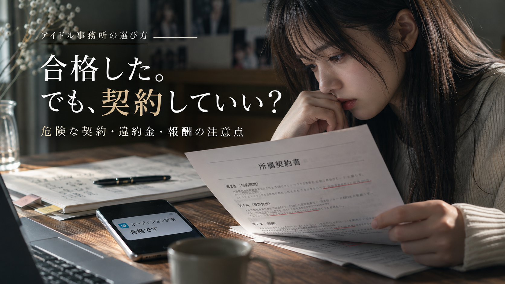 アイドル事務所はどう選ぶ？オーディション合格後に確認したい契約期間、違約金、報酬、費用負担、肖像権を解説。架空の契約書を読み解く分岐型ストーリーで、トラブルを避けるための判断を体験できます。