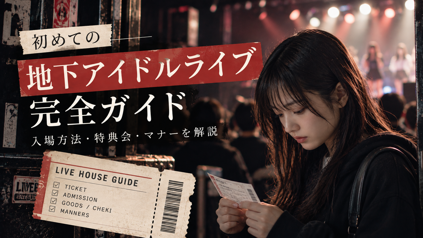 初めて地下アイドルのライブに行く人へ。チケットの買い方、ライブハウスの入場方法、ドリンク代、特典会やチェキの流れ、気をつけたいマナーを解説。会場マップや当日の追体験を操作しながら予習できます。